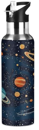 Mexpekil Borraccia termica in acciaio inox con motivo pianeti del sistema solare, 600 ml, con cannuccia, a prova di perdite, per bambini e adulti
