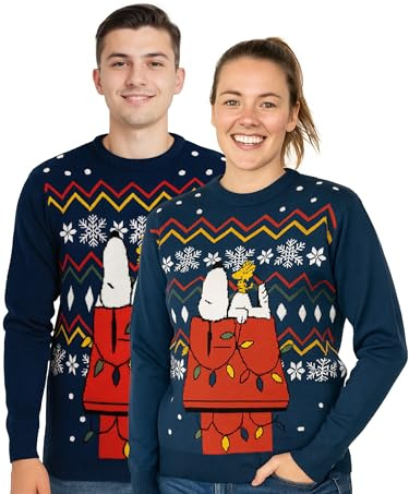 The Peanuts Snoopy vintertröja för män och kvinnor – vinter stickad tröja sweatshirt ful tröja unisex blå, blå, XL