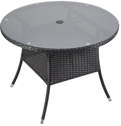 Warmiehomy Rattan Garden Table 100cm Round Outdoor Dining Table with Tempered Glass Tabletop Wicker Patio Tables with Parasol Hole Black Outdoor Side Tables