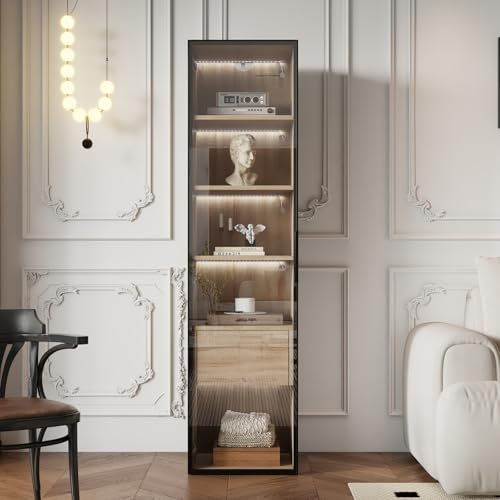 KSFASHZ Vetrina con illuminazione e porta in vetro, 5 strati, vetrina indipendente con cassetti, moderno, vetrina in vetro, vetrina da collezione, 40 x 34 x 165 cm