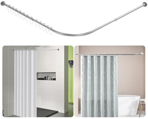 Btstil Asta per tenda da doccia, a forma di L, regolabile, in acciaio inox, con 12 anelli per tenda da doccia, per bagno, bagno (argento, 68-98 cm x 68-98 cm)