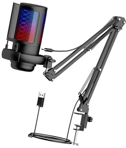 Gaming USB Microphone 30Hz to 16kHz Boom Arm and Frequency Adjustable Arm Stand for PC with LED Lighting for Immersive Streaming