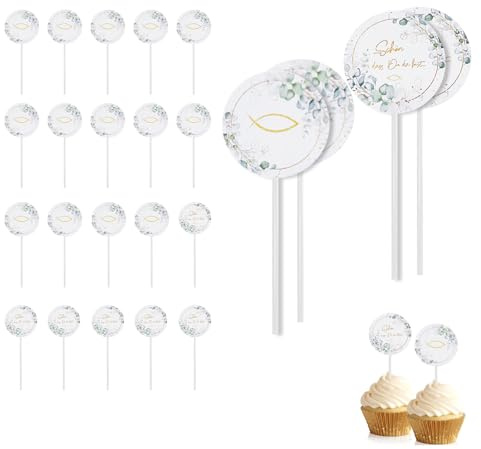 XFSRG 24 Stück Cake Topper Kommunion Fisch Eukalyptus Cupcake Torte Deko Torte Muffin Deko für Junge Mädchen Party Dekoration