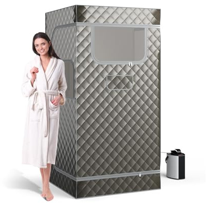 GOPLUS Dampfsauna tragbar für Zuhause, Temperaturregulierbare Ganzkörpersauna mit Fernbedienung und Timer, Heimsauna mit 3 L Dampfgenerator, Klappstuhl und Fußmassagegerät, 91 x 91 x 183 cm (Grau)