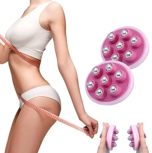 Anti-Cellulite-Massagegerät, 2 Stück, manuell mit 7 Rollen aus Edelstahl, 360° Beine, Oberschenkel, Gesäß, Bauch, Arme, Körpermassagerolle zum Auftragen von straffenden Cremes, Anti-Cellulite, Rosa