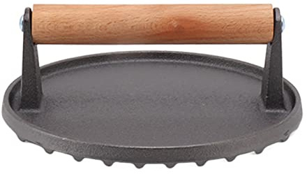 Ldafava Press de Parrilla Surface de Cresta de Hierro Fundido Manija de Madera cómoda Presiona de Carne Redonda para BBQ Burger Bacon