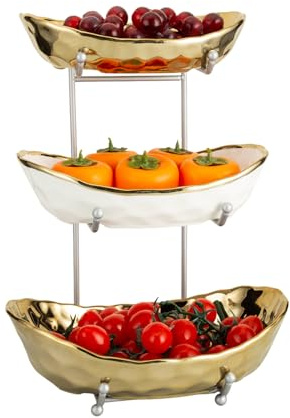 SHEBUYLLI Fruit Bowl Ceramic Fruit Baskets Large Serving Bowls with Stand | Large Capacity Food Serving Tray, Includes Stand for Easy Serving, Ideal for Parties, Weddings, Snacks, Desserts, #002Gold