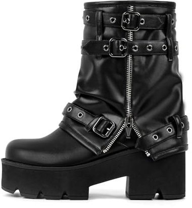 Only maker Women’s Platform Ankle Boots – Punk Block Heel Booties with Fold-Over Design, Straps Buckles Grommet Zipper Detail Black Size 15