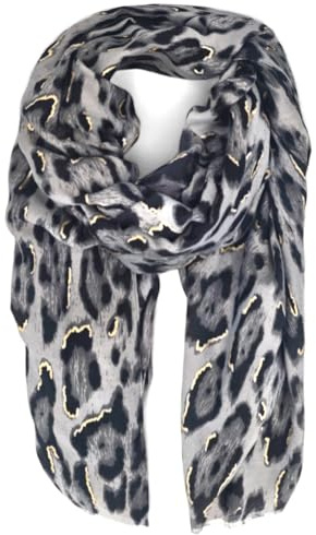 styleBREAKER Écharpe femme à motif léopard et accents métalliques dorés | long tissu doux avec franges courtes 180 x 88 cm, Gris-noir