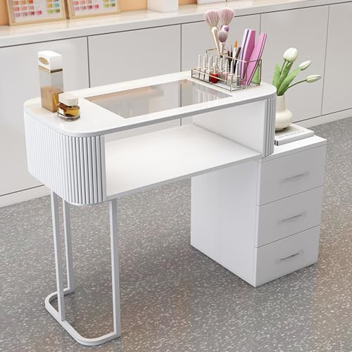 Manicure Table Station Professional Glass Top Nail Technician Workart Desk with Drawer and Open Shelves, Modern Nail Storage Beauty (Style 2,80Cm)