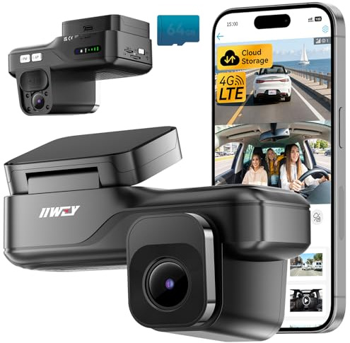 IIWEY Dash Cam LTE 4G Live FHD Autokamera Vorne und Innen, Echtzeit-Alarm & Live-Ansicht via App, Cloud-Speicher, 4 IR-LEDs Nachtsicht, Bildschirmlos, 24/7 Parkmodus Anti-Diebstahl, GPS, Inklusive OBD