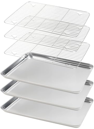 Stainless Steel Baking Tray with Rack Set (3 Sheets + 3 Racks), Food Safe Material for Baking, Grilling, Cooling, Draining, Easy to Clean & Long Service Life (40.5 * 30.5 * 2.8cm)