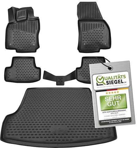 WALSER Kofferraumwanne & Gummi Fussmatten Set für VW T-ROC (A11, D11) 07/2017-Heute, oberer Ladeboden, 100% passgenaue Auto Fußmatten, Antirutschmatte PKW, Auto Gummimatten, Fussmatten Gummi