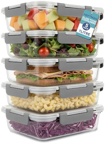 HEFTMAN Glass Food Containers with Lids - Set of 5, 1 Litre