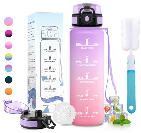 JAPORIA Gourde 500ml, Bouteille Motivation avec Filtre, Bouteille d'eau Anti Fuite, Réutilisable, pour le Bureau, Extérieur, Sport, Fitness
