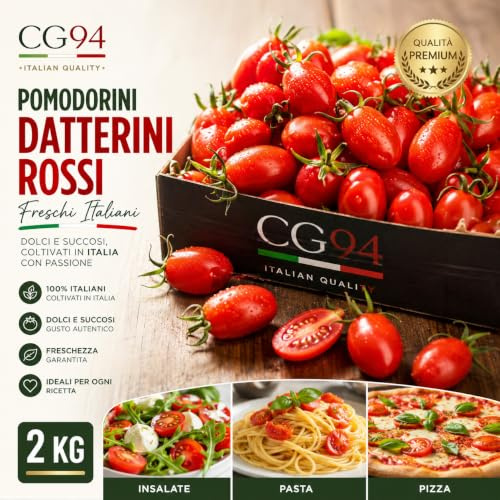 Pomodorini Datterini Rossi Freschi Italiani, 2 Kg, Dolci e Succosi, Ideali per Insalate, Pasta e Pizza, Qualità Premium