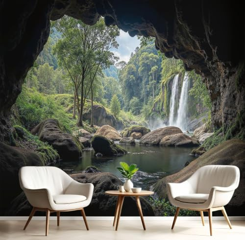 Papel Tapiz Fotográfico Cuevas Rocas Selva Cascadas 300x210cm Papel Pintado no Tejido, Fotomural Panorámico, Mural de Pared, Decoración de Pared para Sala, Cuarto, Oficina y Salón,Verde Oscuro
