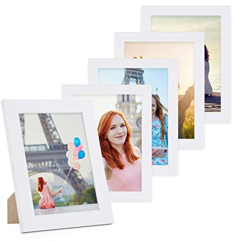 PHOTOLINI Bilderrahmen 13x18 Weiß Holz MDF, 5er Set breite Bilderrahmen 18x13, Fotorahmen 13 x 18 cm mit Acrylglas, Picture Frame 18x13 zum Aufhängen & Aufstellen, Bilder Rahmen 13x18 für Fotos