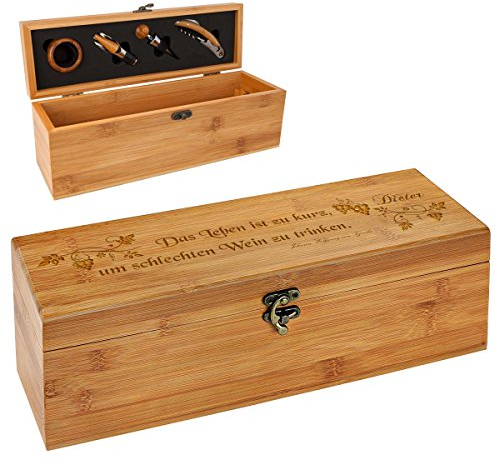 polar-effekt Personalisierte Holzbox mit Gravur - 5-teiliges Sommelier Set - Bambus Geschenkbox für Weinflasche - Weinkiste Geschenk zum Geburtstag - Motiv Poesie
