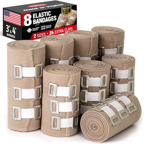 Premium kompressionsbandage – 8-pack – (4 x 7,5 cm + 4 x 10 cm) – hållbart elastiskt bandage + 24 extra klämmor – sträcker sig upp till 4,6 m