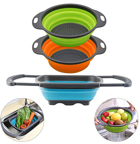 QiMH Collapsible Colander Set of 3-2 PC 4 Quart and 1 PC 6 Quart Over the Sink Colander - Food-Grade Sturdy Plastic Base - Round Space-save Silicone Kitchen Foldable Food Strainer
