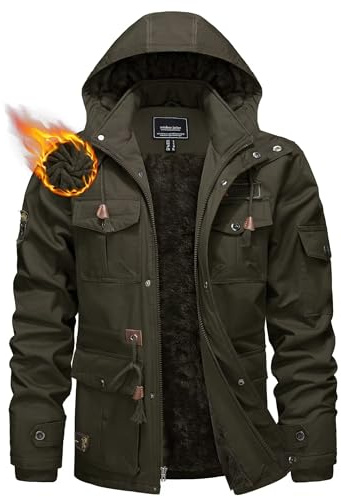 KEFITEVD Giacca da uomo in caldo pile con cappuccio 5 tasche invernale spessa giacca cargo termica con cappuccio, Verde militare, XL