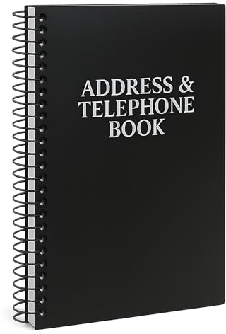 Iconikal Address Telephone Book, 8x5-Inch, Black, Spiral-Bound, 384 Contacts, Organizer for Organizing Names, Addresses, Email, Cell Phone Numbers