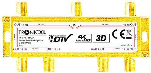 TronicXL Distribuidor de 6 enchufes para televisión por cable DVBC, por ejemplo, para Unitymedia Splitter Unicable de 6 vías, apto para HD 4K, HDTV, salida de CC, radio FM, sistemas de satélite