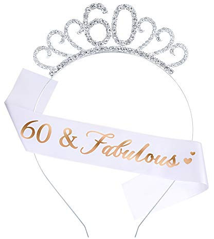 hugttt 60th Birthday Tiara and Sash 60 Fabulous Champagne Glitter Satin Sash and Crystal Tiara Princess Birthday Crown for Women 60th Birthday Party Decoration (60 Years Old)