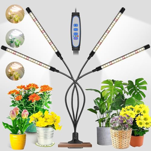 Garpsen Grow Light, 80 LEDs Full Spectrum with Clip, 4 Head | 6000K Plant Light, Timer 6/12/16Hrs, 3 Spectrums, 5 Dimmable Levels, Flexible Gooseneck