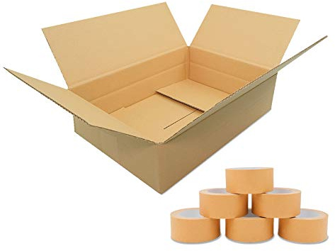 verpacking 100 Faltkartons 350x250x100mm braun | variable Höhe bei 50mm | KK S 1 wellig für DHL Päckchen S mit 6 Rollen Papierklebeband rechteckiger Versandkarton für kleine Waren kleine Kartons