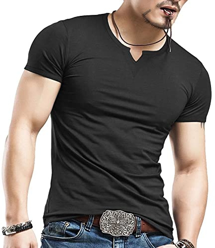 GYMAPE Hombres Puro algodón Ajustado Superficial Cuello Pico Camisetas Básicas 2307 Negro XL