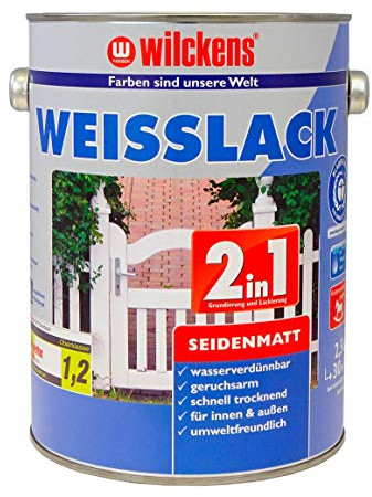 Weisslack 2in1 seidenmatt 2,5 l Lack weiß Innen Außen ca. 30 m² Lackfarbe Grundanstrich Deckanstrich Blauer Engel Dispersion