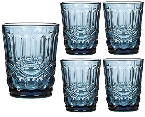 Dibor Set of 4 Embossed Blue Baroque 250ml Tumbler Drinking Glasses
