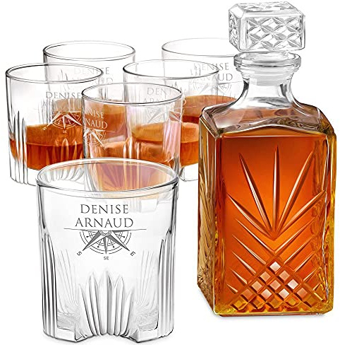 Maverton Carafe whisky et 6 verres - Ensemble en cristal - Cadeau d’anniversaire pour femme - gravés - Ensemble avec verres personnalisés - Boussole
