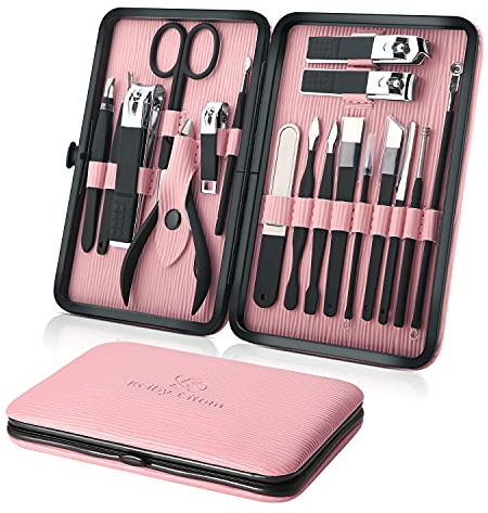Keiby Citom Manicure Set 18pcs Professional Nail Clippers Kit Pedicure Care Tools-Stainless Steel Grooming Tools With Rose Gold PU Leather Case for Travel & Home (Pink)