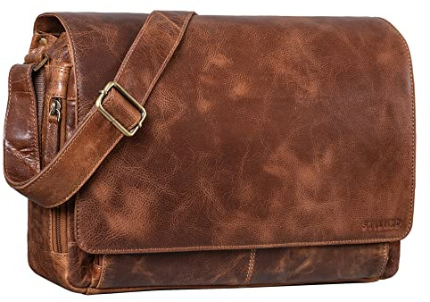 STILORD Vintage Umhängetasche aus Leder braun - 15 Zoll Laptoptasche für Büro, Uni, Office, Schule - DIN A4 Schultertasche Tom