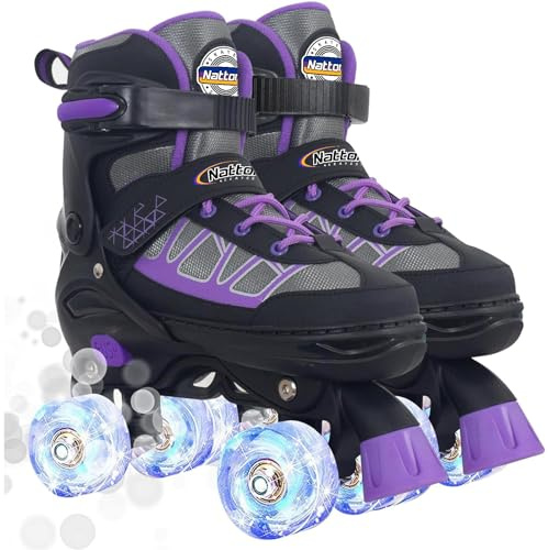 Kids Roller Skates for Girls, Purple Adjustable Rollerskates with Light Up Wheels for Teens Youth Ages 6-12 10 11 12, Beginners Outdoor Sports Toys, Best Birthday Gift for Girls Kids