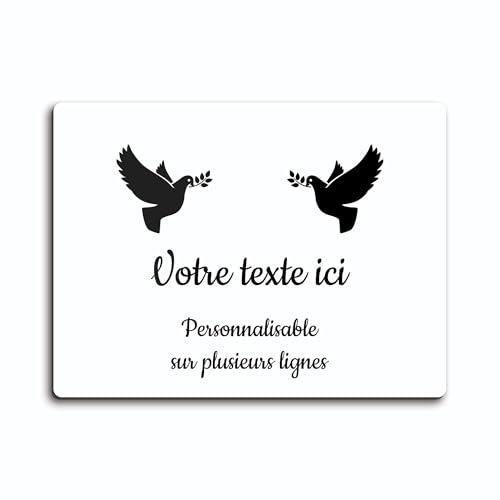 OCAP-FUNERAIRE.COM Grabschild mit Gravur Zwei Tauben, mit Zweigen, selbstklebend, Modell Rechteck (20 x 15 cm), personalisierbar, 1 bis 3 Zeilen, weiß, Schrift schwarz