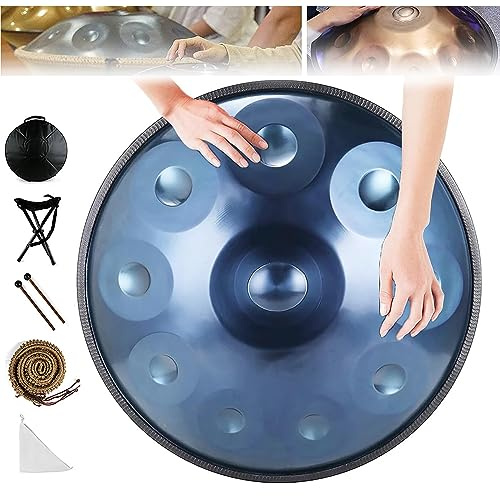 Handpan Drum Instrument 9/10 Notes, 22 Pouces en D Mineur - Tambour à Main en Acier Avec Sac Soft, 2 Maillets, Stand - Pour la Guérison Sonore, Méditation