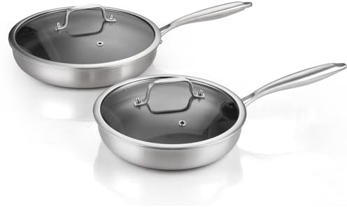 DELARLO Juego de sartenes de acero inoxidable de tres capas de 25,4 cm y 30,5 cm con tapa, antiadherente, sartén grande, apta para horno, sartenes y sartenes aptas para todas las estufas,