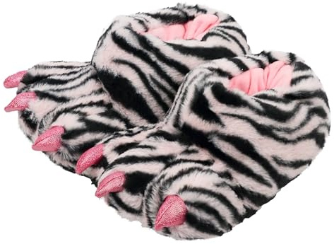 Aopuro Women Plush Animal Paw Slippers Funny Novelty Bear Claw Slippers Cozy Furry Warm Memory Foam Slippers Gifts for Halloween Christmas（Pink Tiger M ）