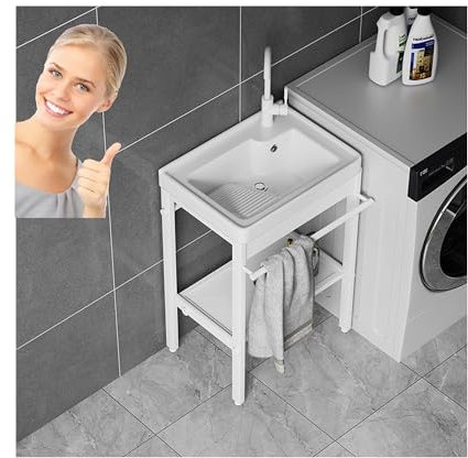 Lavabo Lavanderia Autoportante,Lavello da Cucina,Lavandino da Giardino Esterno,Lavatoio Ceramica, con Rubinetto,Componenti di Drenaggio,Supporto,per Garage,Cortile,interno/Esterno ( Color : Round Fauc