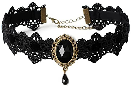 Caiguoer Schwarz Spitze Kragen Kette Kristall Anhänger Halskette Samt Vintage Edelstein Halskette Gotische Hohlblume Choker Schmuck Halloween Zubehör für Frauen und Mädchen (A)