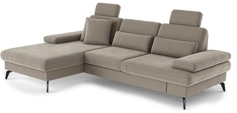 Cavadore Ecksofa Moritz / Eckcouch mit Longchair, Bett, Bettkasten, Sitztiefenverstellung, Kopfstützen und mattschwarzen Metallfüßen / 171 x 82-107 x 275 / Mikrofaser, Perlbeige