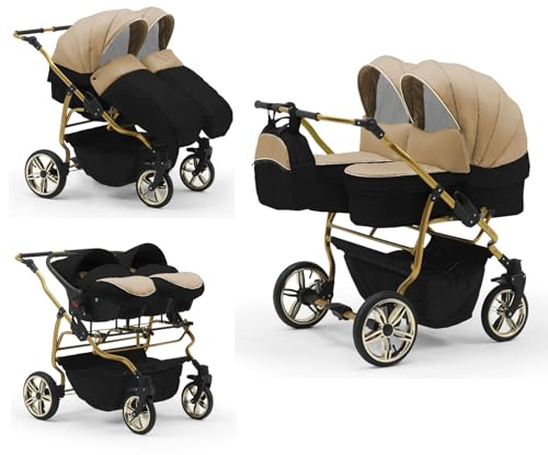 Zwillingskinderwagen 4 in 1 Duet Lux Goldedition inkl. Autositze - 13 Teile - in 20 Farben