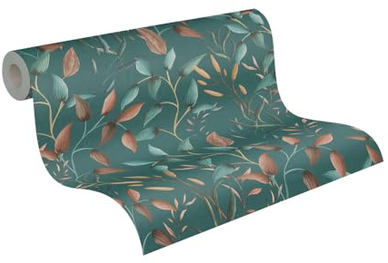 A.S. Création PintWalls II Vliestapete mit Rankenmotiv 0,53 x 10,05 m – Grün, Petrol, Orange – Tapete mit Blättermotiv Made in Germany - 397454