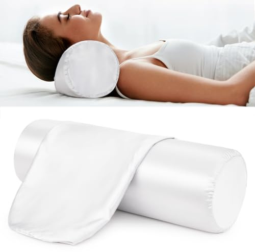 Noverlife 2 Pack 18x6 in White Silk Satin Neck Roll Pillow Cases, Neck Bolster Pillow Covers Round Neck Pillowcases for Hair & Skin, Breathable Silky Pillowcases Satin Pillow Case for Cervical Pillow