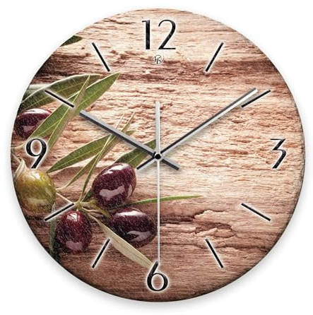 Kreative Feder Wanduhr „Oliven“ aus Stein (Keramik) in Schiefer-Optik; Durchmesser 30cm; mit leisem Uhrwerk (Oliven, leises Funkuhrwerk)