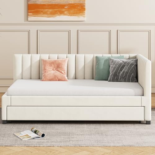 Soweiz Polsterbett 90x200cm, Ausziehbares Schlafsofa, Multifunktionsbett mit Lattenrost, Jugendbetten Kinderbetten Gästebetten, Samtstoff (Beige)